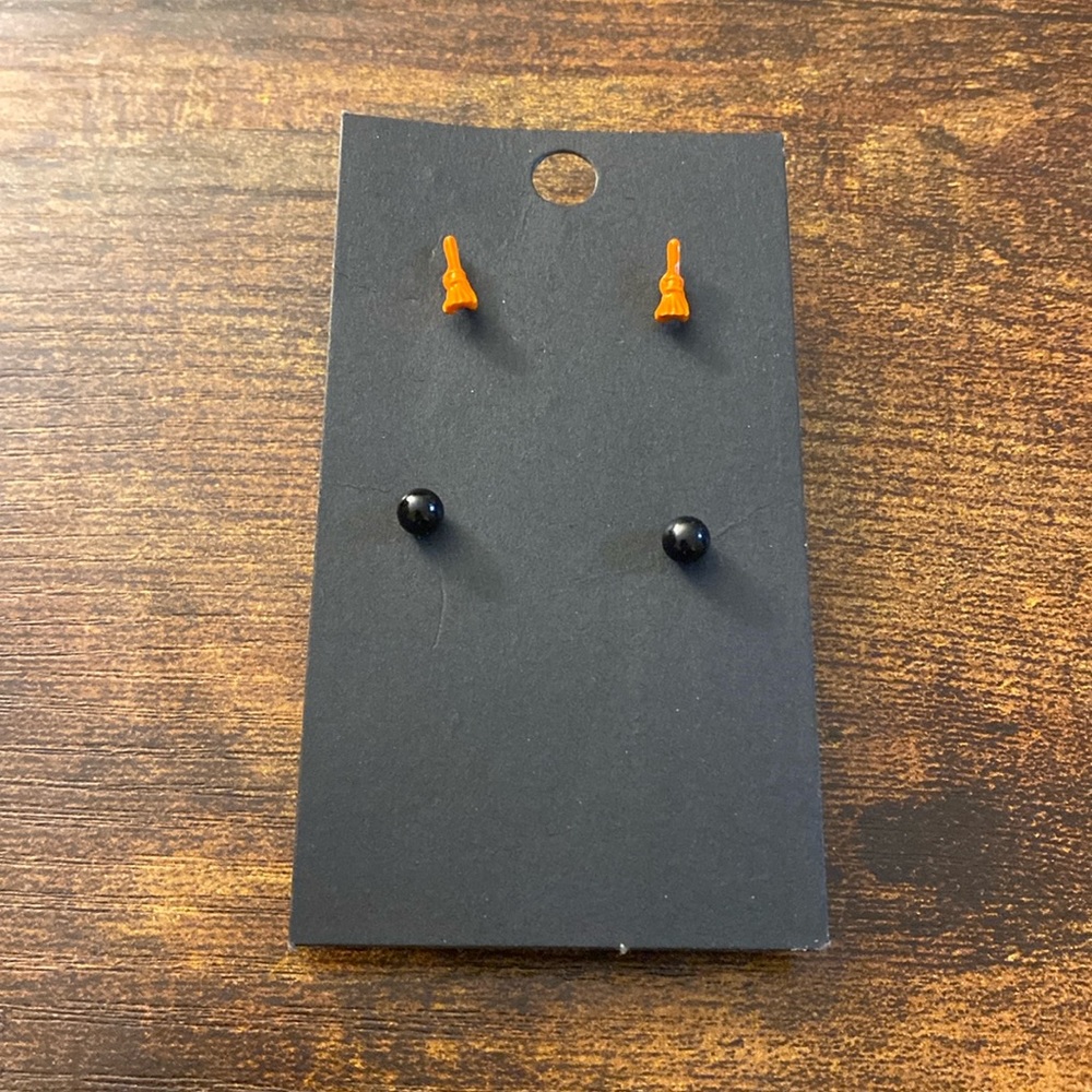 Witches broom and black ball stud earrings